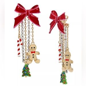 Betsey Johnson Christmas Fringe Charm Earrings Red Bow New